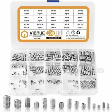 Kit 300PCS M2.5 M3 M4 M5 M6 M8 Vis Sans Tête Hexagonale,Set assortiment Kit de Acier Inoxydable Douille Hexagonale