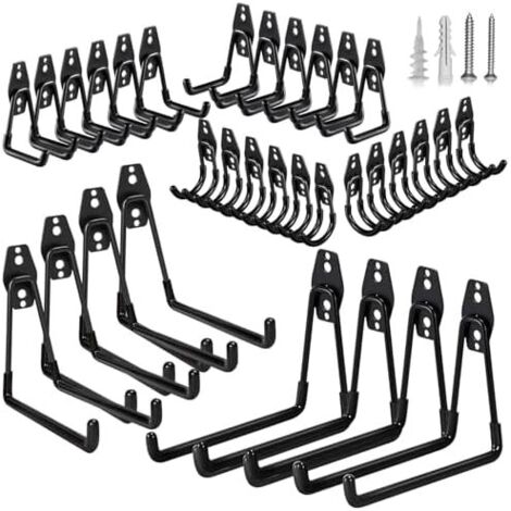 Kit 32 Crochets Rangement Garage  Acier Robuste Support Mural Universel Vélos, Échelles, Outils Jardin Pack Gain de Place, Charge Lourde & Antidérapant Noir - Lot noir