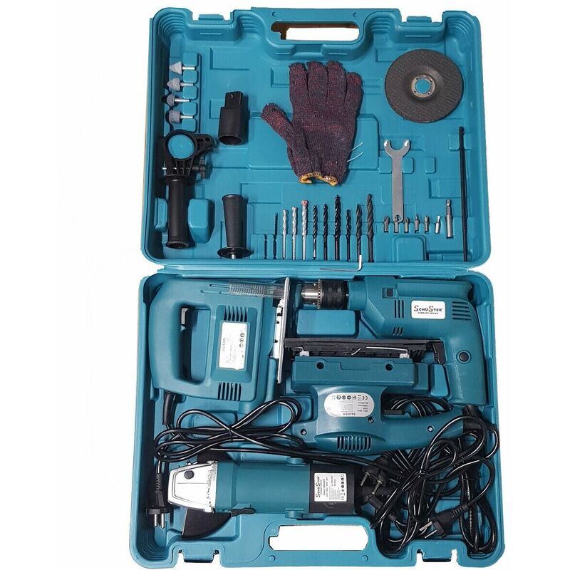 Kit 4 utensili/attrezzi seghetto alternativo + trapano + smerigliatrice/flex + levigatrice in valigetta