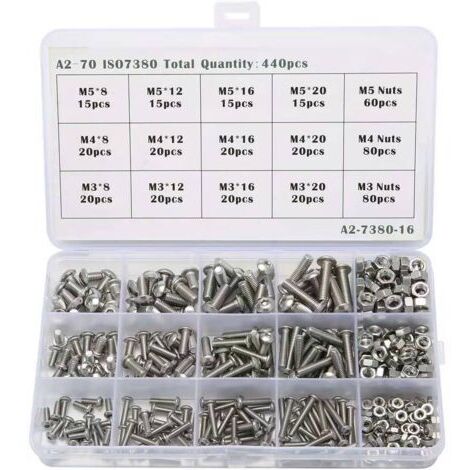 Kit 440PCS M3 M4 M5 en Acier inoxydable Bouton à tête hexagonale Socket Tête Câble Boulons Vis Écrou de Blocage Assortiment Kit avec Boîte de Rangement
