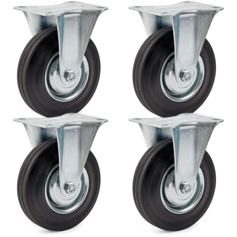 Wiltec - Kit de 4 Roulettes fixes – ø 160 mm – Capacité de charge 130 kg – Roue en caoutchouc avec Plaque de montage et Jante métallique – Dispositif