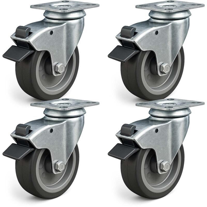 Wiltec - Jeu 4x Roulette pivotante en caoutchouc – ø 75 mm – Capacité de charge 75 kg – Roue avec Frein et Plaque de montage – Transport Appareil