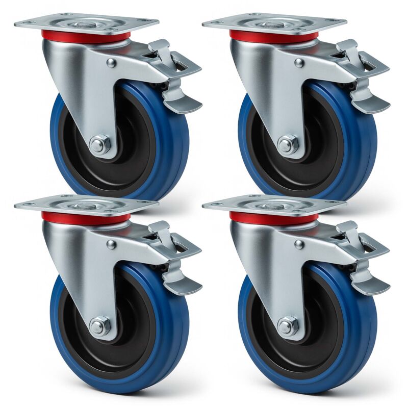Wiltec - Jeu 4x Roulette pivotante en plastique – ø 200 mm – Capacité de charge 350 kg – Roue avec blocage total et Plaque de montage – Transport