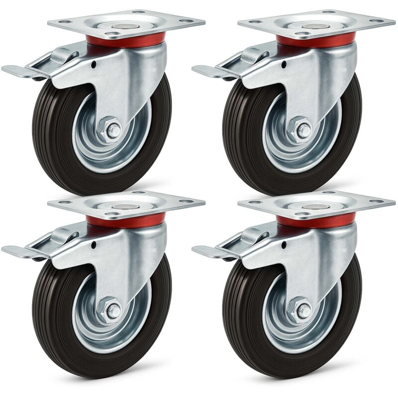 Wiltec - Jeu 4x Roulette pivotante Blocage double – ø 125 mm – Capacité 100 kg – en Caoutchouc – Roue avec Frein et Plaque de montage – Transport