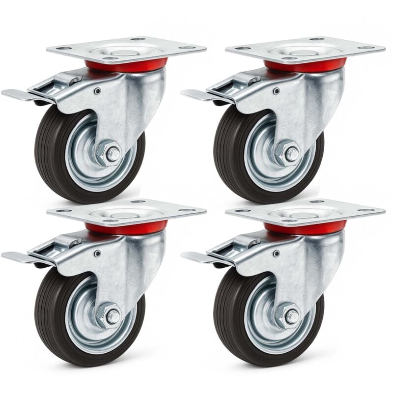 Wiltec - Jeu 4x Roulette pivotante Blocage double – ø 75 mm – Capacité 50 kg – en Caoutchouc – Roue avec Frein et Plaque de montage – Transport