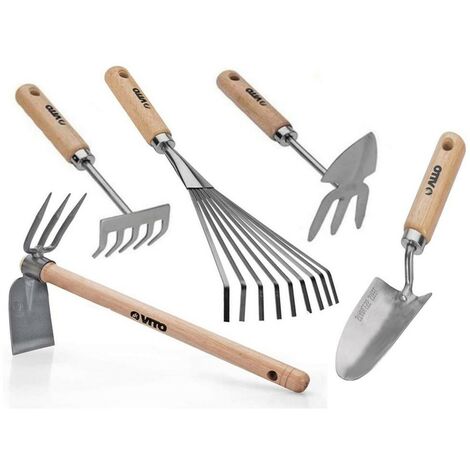 Kit 5 outils de jardin Manche bois Inox et Fer forgés à la main Haute qualité VITO