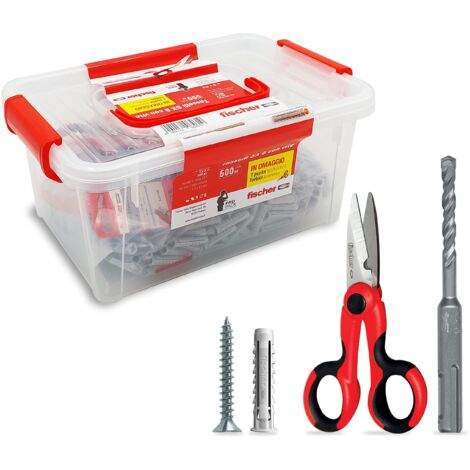 Kit 500 Tasselli 6mm con Vite + Forbici + Punta Trapano SDS Plus- Fischer