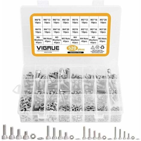Kit 520PCS M3 M4 M5 M6 en Acier inoxydable Bouton à tête hexagonale Socket Tête Câble Boulons Vis avec écrous Assortiment