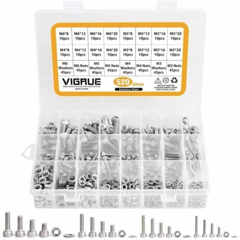 Kit 520PCS M3 M4 M5 M6 en Acier inoxydable Bouton à tête hexagonale Socket Tête Câble Boulons Vis avec écrous Assortiment