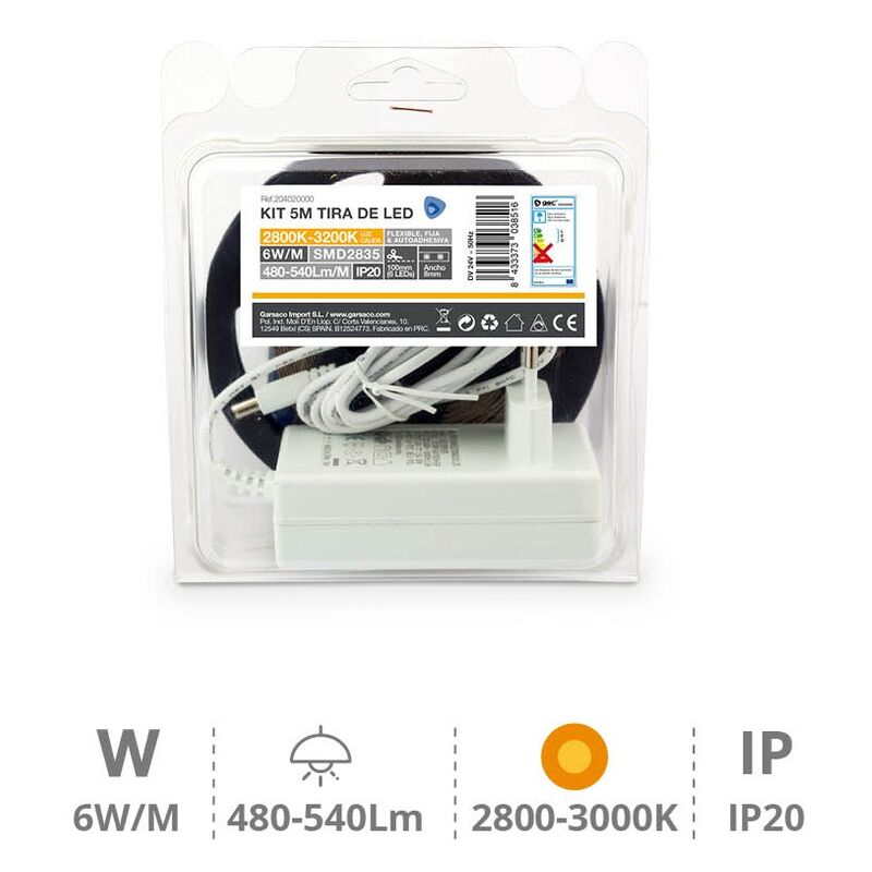 

Kit 5M Tira de LED 6W/M IP20 2800K-3200K preparado