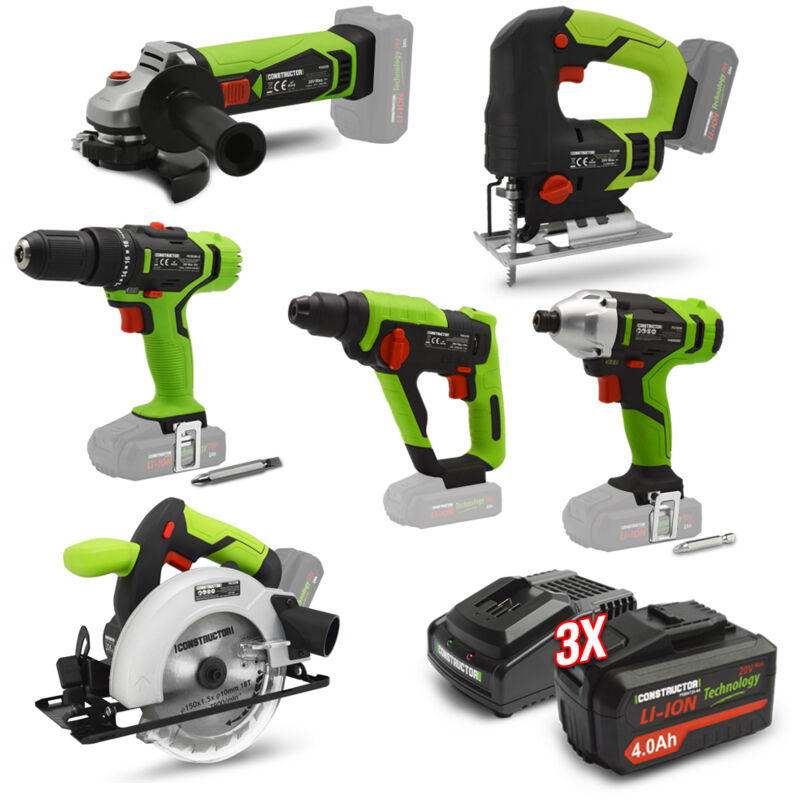Constructor - Kit 6 machines sans fil 20V + 3 batteries 4Ah et chargeur