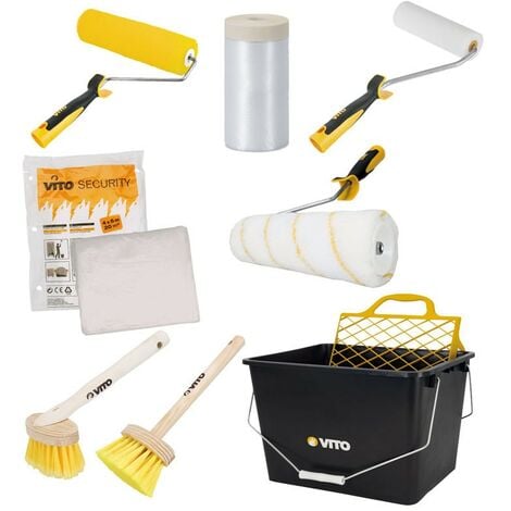 KIT 8 Outils Peinture Seau 16L. Film masquage Bâche protection 2 rouleaux Rouleau finition 2 Brosses VITO