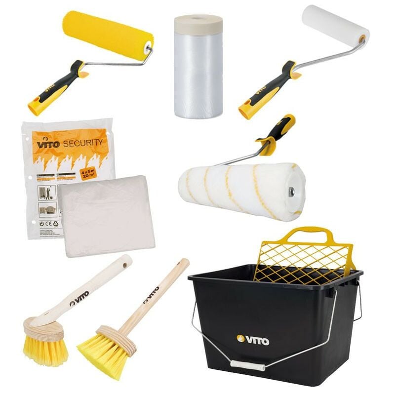 Kit 8 Outils Peinture Seau 16L. Film masquage Bâche protection 2 rouleaux Rouleau finition 2 Brosses Vito