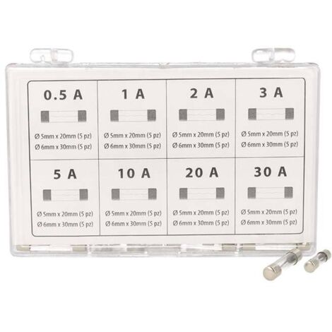 Kit 80 Fusibile Auto Moto Camper Camion Barca Tubo In Vetro 0.5A 1A 2A 3A 5A 10A 20A 30A Ø5mmX20mm Ø6mmX30mm