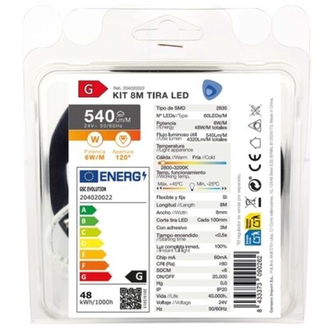 Kit 8M Tira de LED 6W/M IP20 2800K-3200K preparado