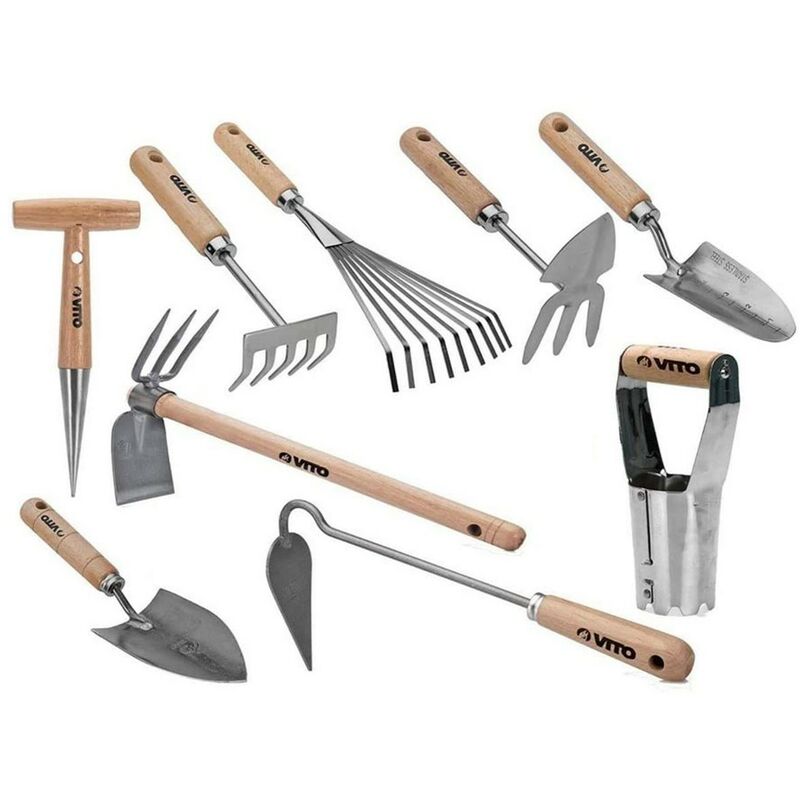 Vito - Kit 9 outils de jardin Manche bois Hêtre Inox et Fer forgés à la main haute qualité Outils de jardin