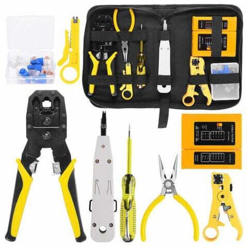 Kit à main RJ45 RJ11 RJ12 Kit d'outils de réparation de réseau avec testeur de cable Pince à ressort Pince à sertir