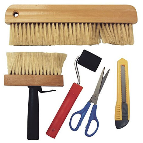 Kit à tapisser 5 pièces – Brosse à maroufler et à encoller – Ciseaux, cutter et roulette – Pour adhésif décoratif – Achat Utile