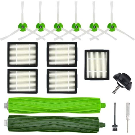 Kit accessoires de rechange pour iRobot Roomba Séries i/e i7 i7+ i6 i6+ i3 i3+ i8 i8+ i4 i4+ i5 i5+ i2 i2+ i1 i1+ e5 e6 u2013 1 brosse en caoutchouc, 5 filtres HEPA, 6 brosses latérales, 1 roulette av