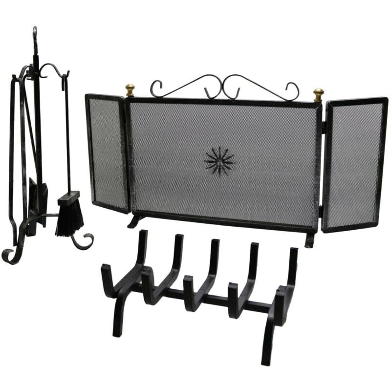 Fonderia Bongiovanni - Kit d'accessoires de cheminée composé de trois éléments : pare-étincelles, perche et poêle à bois