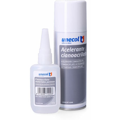 Kit acelerante + ciano para materiales porosos, botella de 50 g + aerosol de 200 ml UNECOL A7156