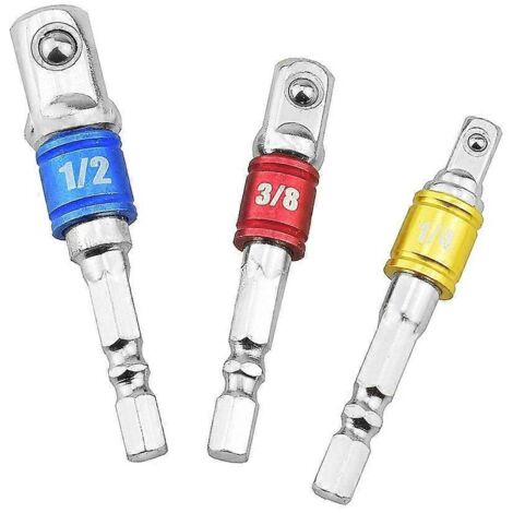 Kit adaptateur de douilles 3 pièces, clé hexagonale, embout d'impact 1/2" carré, manchon 3/8", électrique 1/4".