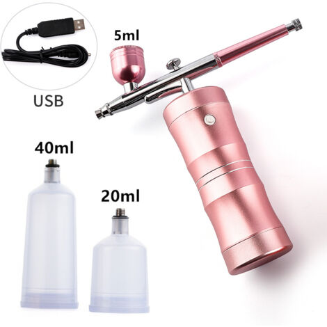 Kit Aérographe avec Compresseur, 34 PSI Pistolet à Air Comprimé, Rechargeable, Portable, Sans Fil, avec Buse de 0,4 mm pour Peinture, Nail Art, Tatouage - Rose
