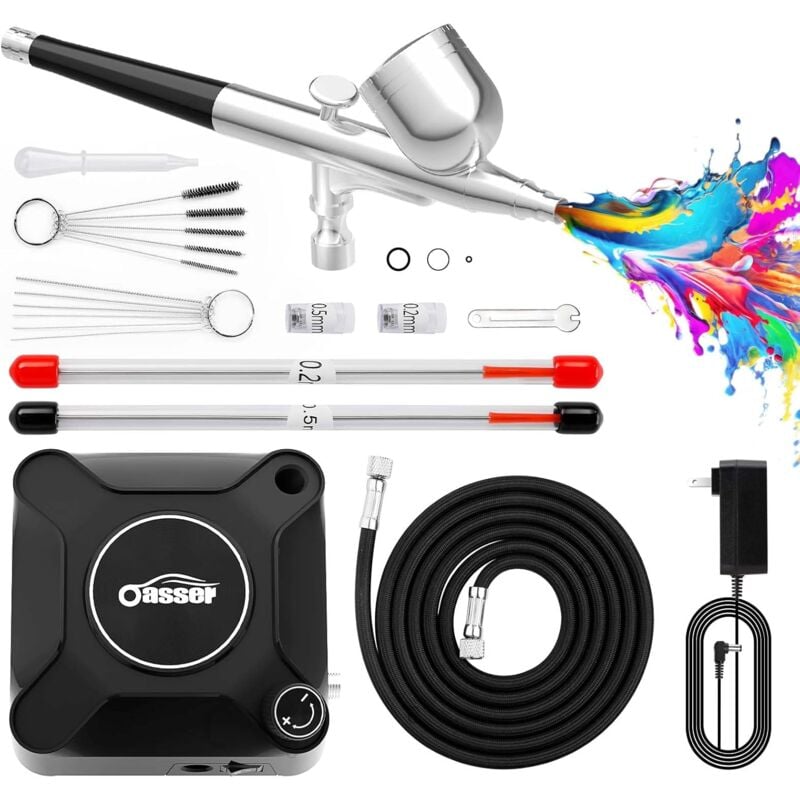 Kit Aerographe avec Compresseur Double Action 36 PSI Buse 0,2 0,3 0,5 mm pour Nail, Peinture, Modelisme, Tatouage, Maquillage, Gâteaux