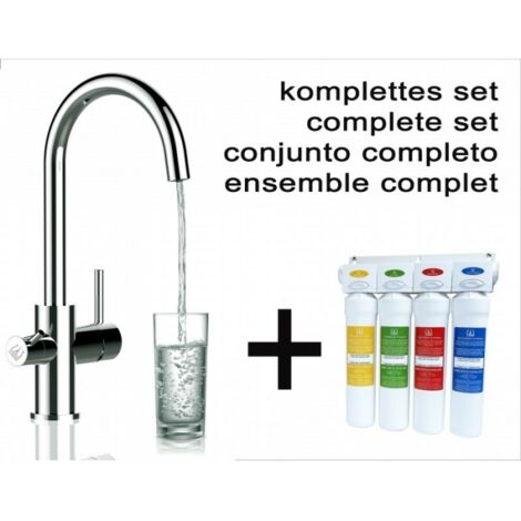 KIT Aktivkohlefilter-Wasserfiltersystem + 3 Wege Wasserhahn Küchenarmatur Spültischmischer, Verchromt mit 360° schwenkbarem U-Auslauf