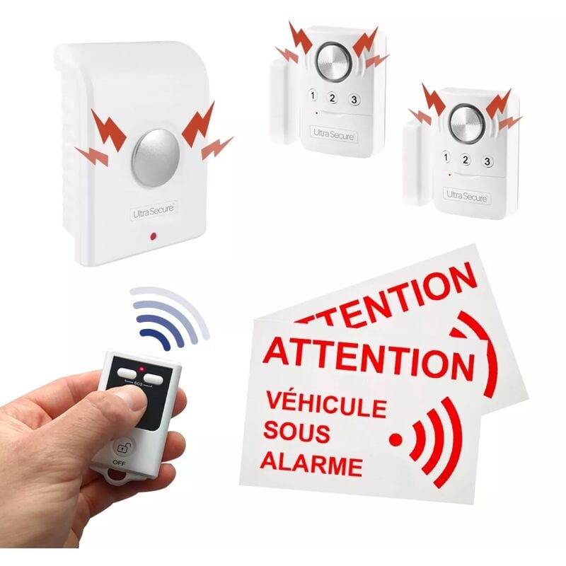Ultra Secure - Kit alarme autonome sans-fil véhicules essentiel - 2 Détecteurs ouverture & vibration + sirène + télécommande (gamme bt)
