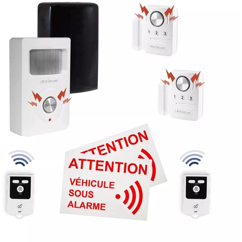 Ultra Secure - Kit alarme caravane deluxe 4 - Détecteur mouvement infrarouge + 2 ouverture / vibration + 2 télécommandes (gamme bt)