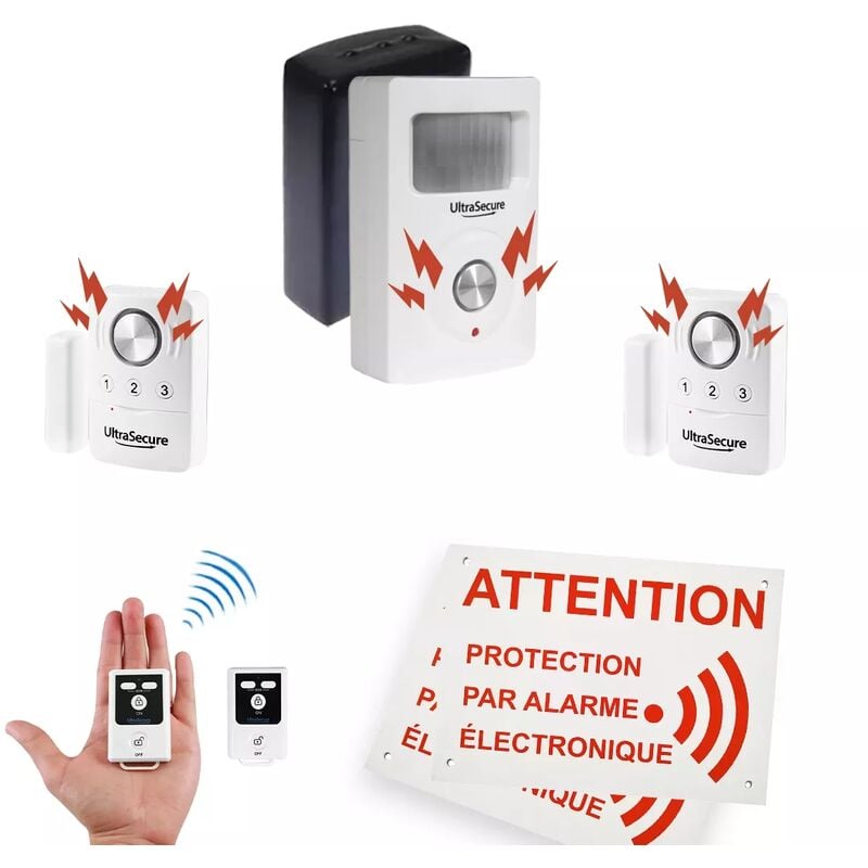 Ultra Secure - Kit alarme 'local agricole' autonome sans-fil - 1 détecteur mouvement + 2 ouvertures/vib + télécommandes (bt)
