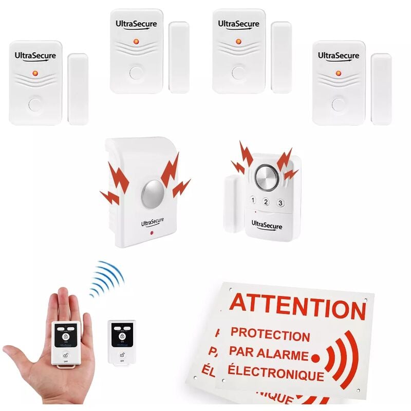 Ultra Secure - Kit alarme 'local agricole' autonome sans-fil - 5 Détecteurs ouverture (1 vibration) sirène + télécommandes (bt)
