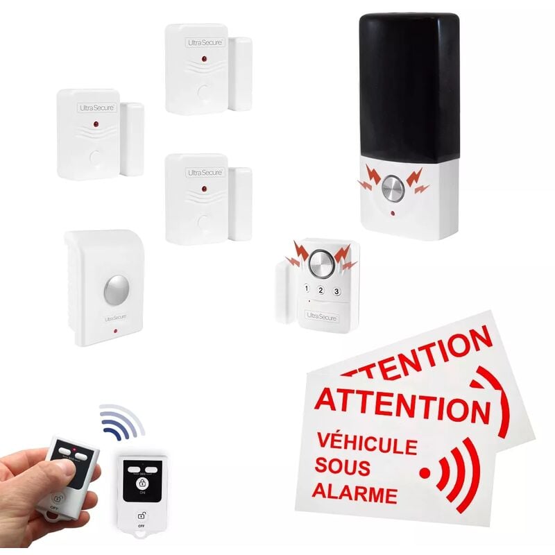 Ultra Secure - Kit alarme van aménagé deluxe 2 - 3 Détecteurs d'ouverture + détecteur mouvement + sirène + 2 télécommandes (gamme bt)