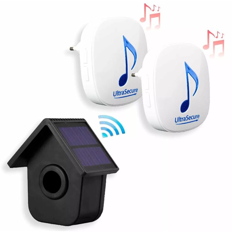 Ultra Secure - Kit alerte de passage 600m - 2 carillons 35 mélodies volume réglable & détecteur autonome 2 panneaux solaires (DA600+)
