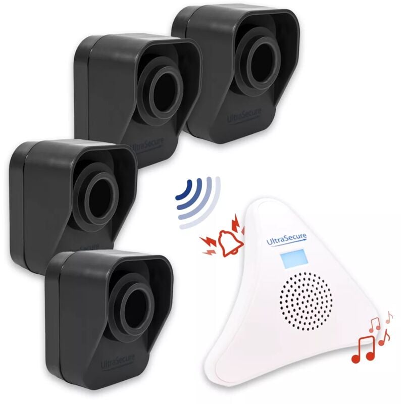 Ultra Secure - Kit alerte passage 600m 'classic' 4 détecteurs mouvement autonomes / 1 carillon triangle 35 mélodies (DA600+)