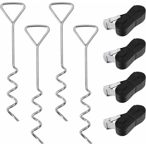 Kit Ancrage pour Trampoline, Piquets de Trampoline Spiralés en Acier Galvanisé 4 pcs, avec 4 Sangles d'Arrimage Solides, pour Trampoline /Balançoire/ Aire de Jeu
