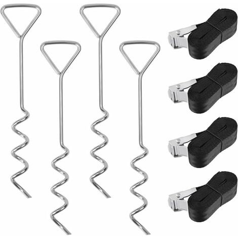 Kit Ancrage pour Trampoline, Piquets de Trampoline Spiralés en Acier Galvanisé 4 pcs, avec 4 Sangles d'Arrimage Solides, pour Trampoline /Balançoire/ Aire de Jeu