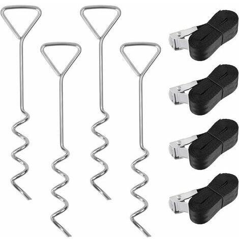 Kit Ancrage pour Trampoline, Piquets de Trampoline Spiralés en Acier Galvanisé 4 pcs, avec 4 Sangles d'Arrimage Solides, pour Trampoline /Balançoire/ Aire de Jeu