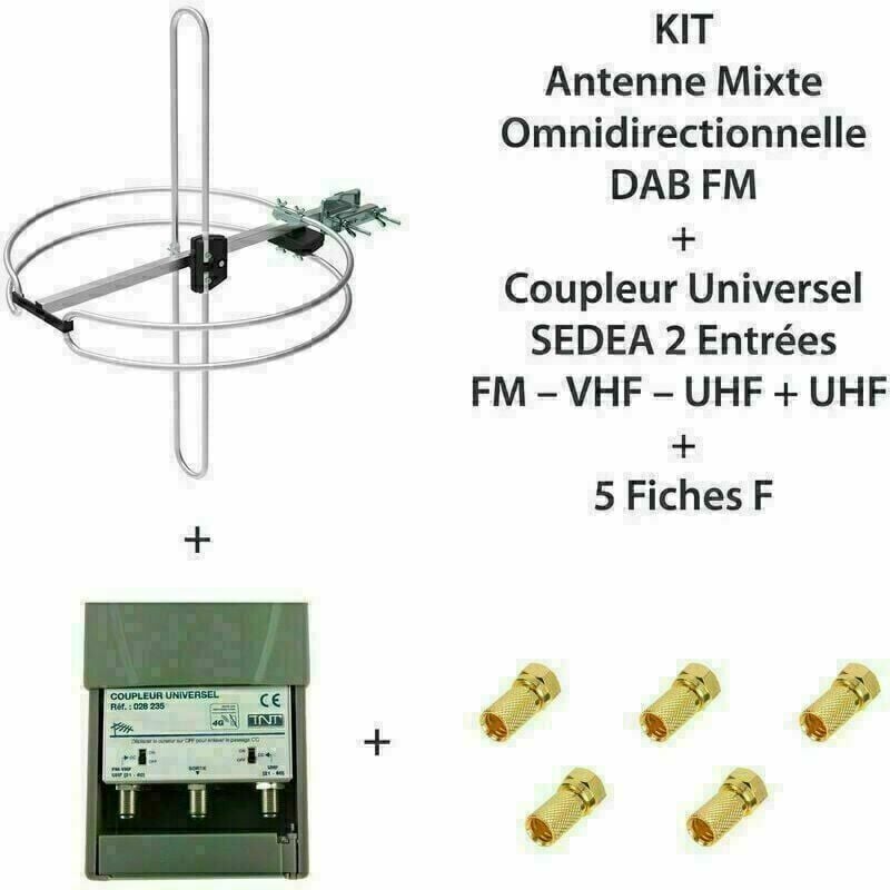 Kit Antenne mixte omnidirectionnelle dab fm + Coupleur Universel sedea 2 Entrées fm – vhf – uhf + uhf + 5 Fiches f - Gris