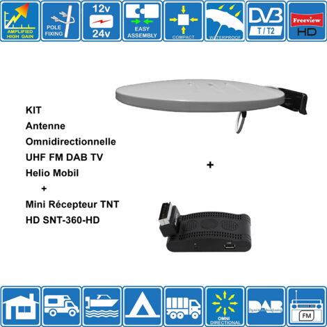 KIT Antenne Omni UHF FM DAB TV Helio Mobil + Mini Récepteur TNT HD SNT-360-HD - 44dB 4k 1080p Pour Camping Car Camion Voiture Bateau