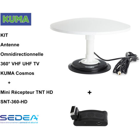 KIT Antenne Omni VHF UHF TV Numérique + Mini Récepteur TNT HD SNT-360-HD - avec Base Magnétique, Pour Caravane, Camion, Camping Car
