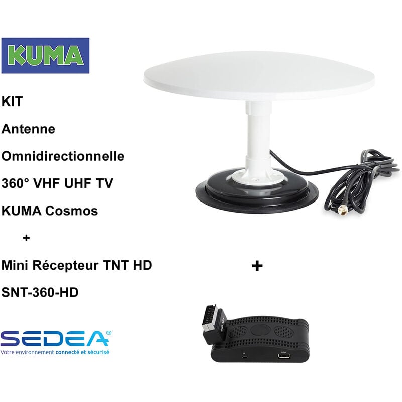 M-e - kit Antenne Omni vhf uhf tv Numérique + Mini Récepteur tnt hd SNT-360-HD - avec Base Magnétique, Pour Caravane, Camion, Camping Car - Blanc,