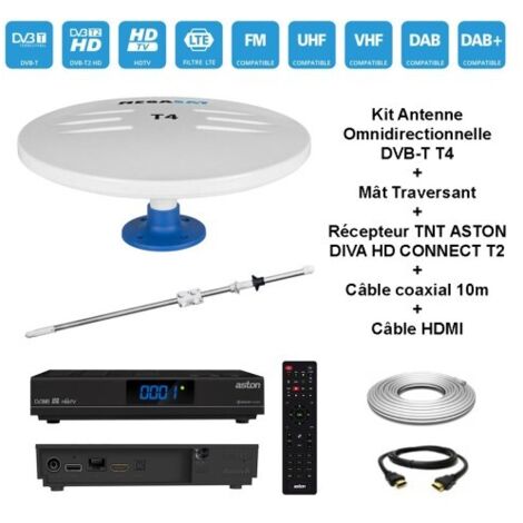 Kit Antenne Omnidirectionnelle DVB-T T4 + Mat Traversant + Récepteur TNT ASTON DIVA HD CONNECT T2 + Câble coaxial 10m + Câble HDMI
