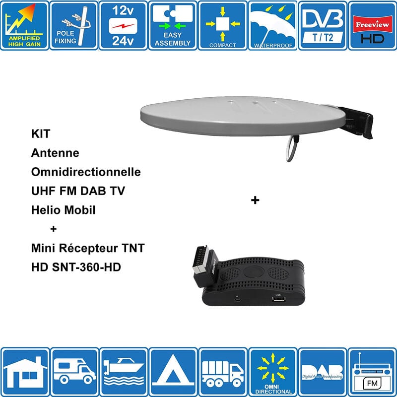 M-e - kit Antenne Omni uhf fm dab tv Helio Mobil + Mini Récepteur tnt hd SNT-360-HD - 44dB 4k 1080p Pour Camping Car Camion Voiture Bateau - gris