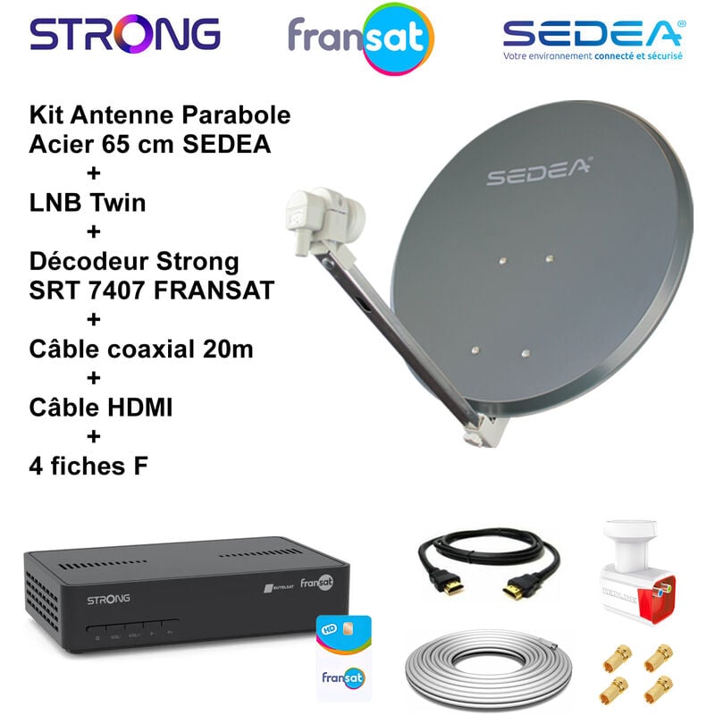 Kit Parabole Acier 65 cm Anthracite + lnb Twin 0,1 dB hd + 2 Décodeurs Strong srt 7407 + Câble coaxial 20m + Câble hdmi + 4 fiches f - Anthracite