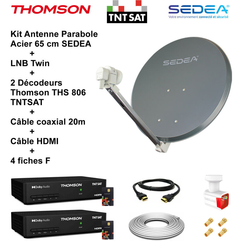 Kit Parabole Acier 65 cm Anthracite + lnb Twin Full hd 4K + 2 Décodeurs ths 806 tntsat + Câble coax 20m + Câble hdmi + 4 fiches f - Anthracite