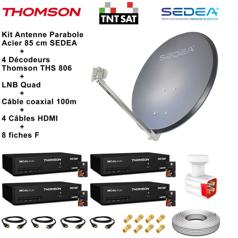 Kit Parabole Acier 80 cm Anthracite + LNB Quad HD 4K + 4 Décodeurs THOMSON TNTSAT + Câble coax 100m + 4 Câbles HDMI + 8 Fiches F