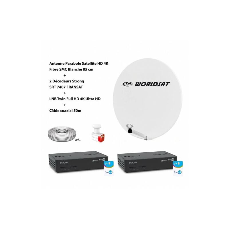 ME - Kit Antenne Parabole Sat hd 4K Fibre smc Blanche 85cm worldsat + 2 Décodeurs Strong srt 7407 fransat + lnb Twin 4K Ultra Full hd + Câble Coax 50m