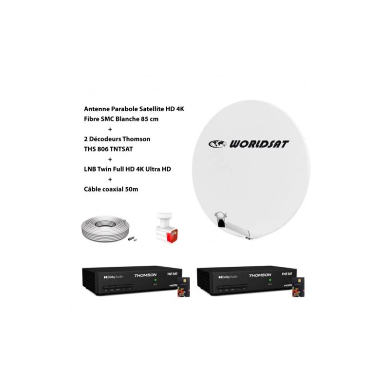 Kit Antenne Parabole Sat hd 4K Fibre smc Blanche 85cm worldsat + 2 Décodeurs Thomson ths 806 tntsat + lnb Twin Full hd 4K Ultra hd + Câble coaxial 50m